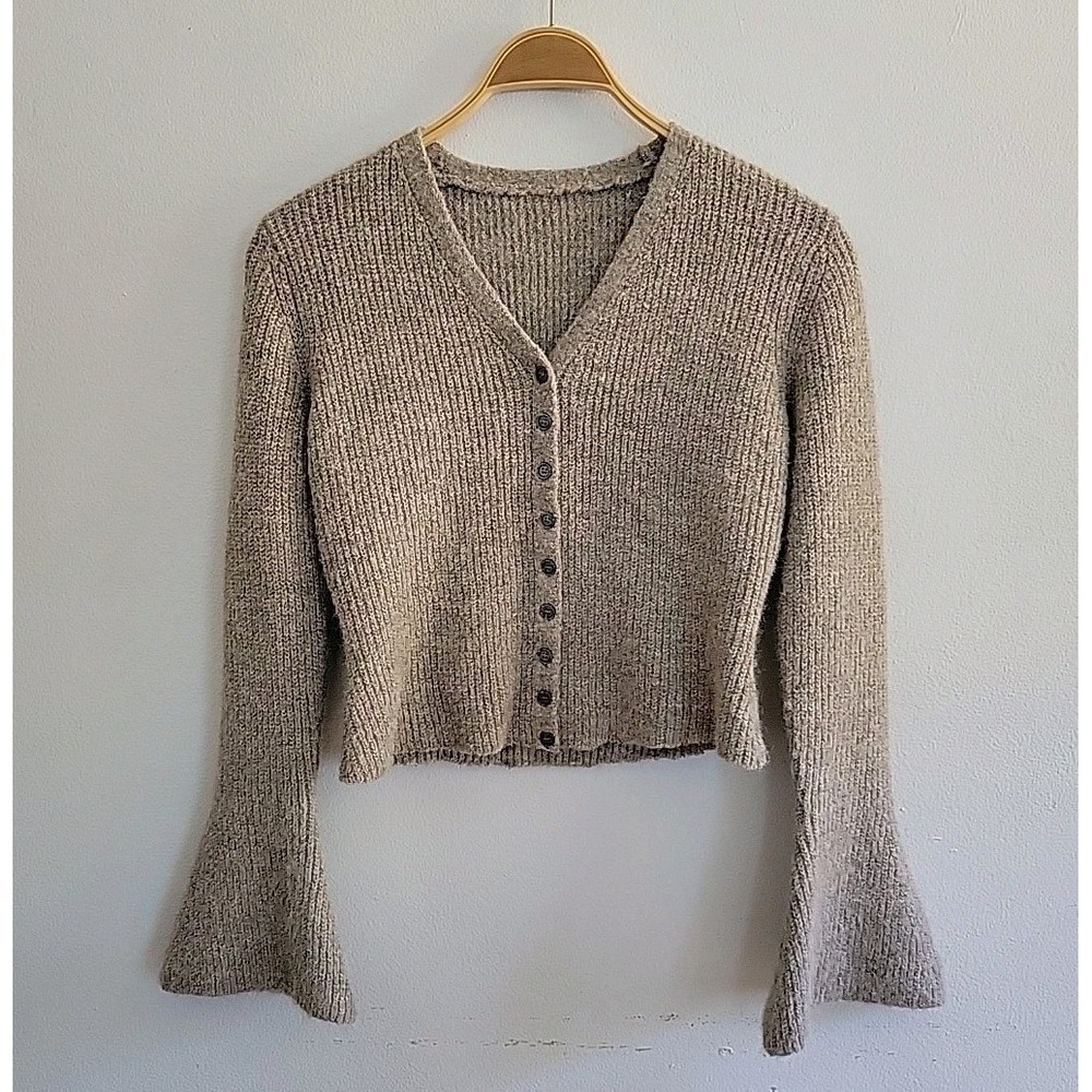 Commense Flare Sleeve Button Cardigan Tan Rib Knit‎ V Neck Casual Classic
